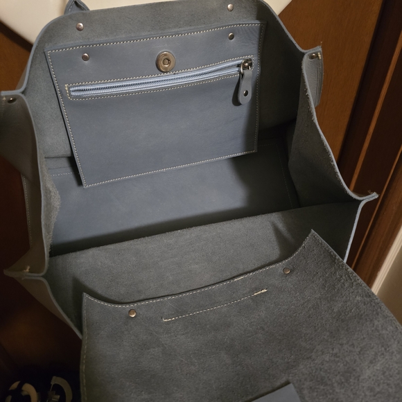 Roots Blue Gray Leather Tote Bag - Picture 3 of 6